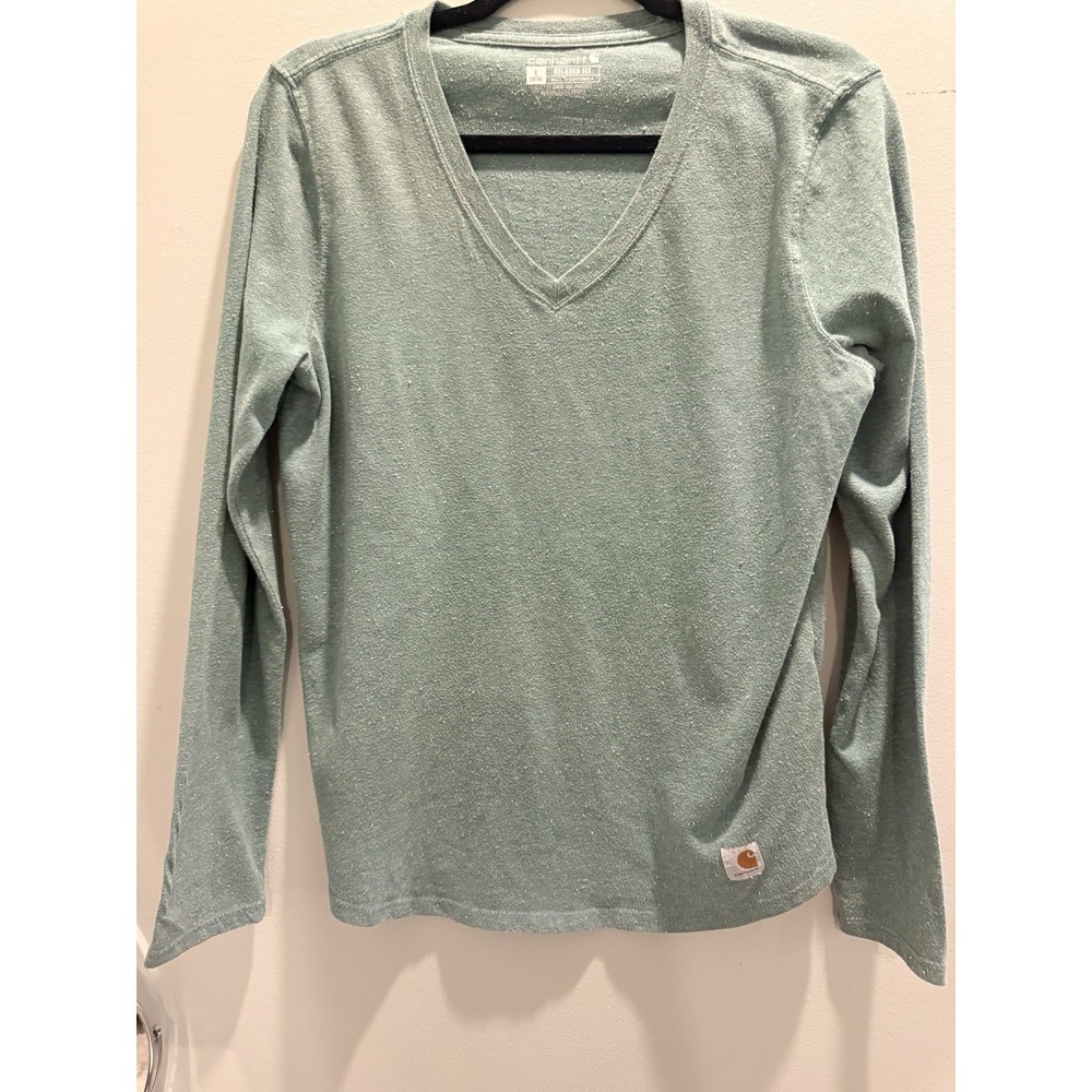 Carhartt Shirt Womens Large Long Sleeve Lightweight V-Neck Green Relaxed Fit